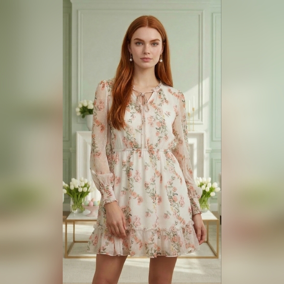 Rachel Parcell Dresses & Skirts - Floral Tie-Neck Long Sleeve Midi Dress - Blush Floral